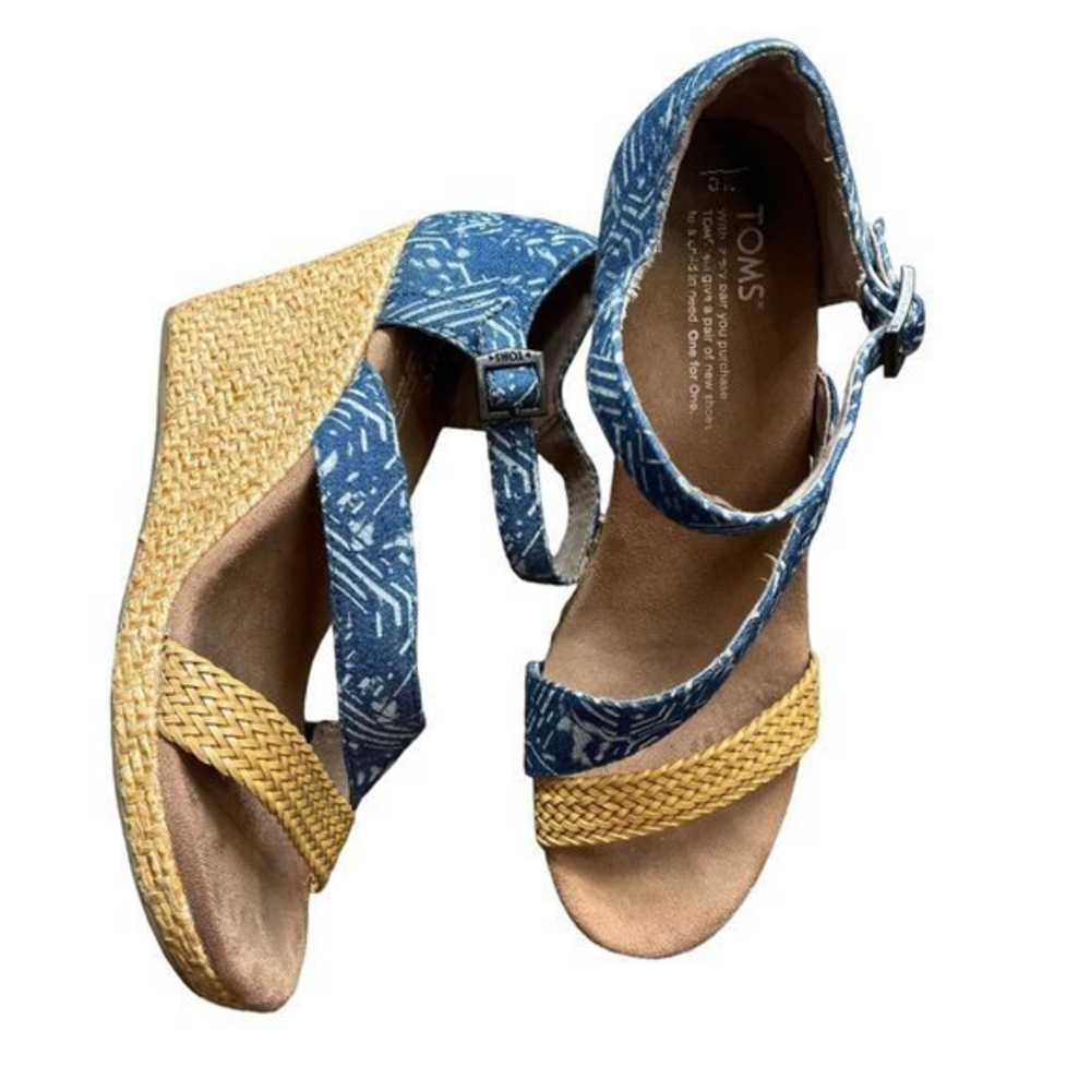 TOMS Women's‎ Indigo Batik Raffia Wrapped Wedge Open Toe Clarissa Sandals Size 8